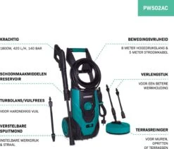VONROC Hogedrukreiniger V18-2 1800W – 140 Bar – 420 L/h – Incl. 8m Slang, Geïntegreerde Reinigingsmiddelen Tank, Terrasreiniger, Spuitstukken En Accessoires -Tuingereedschap Winkel 1200x1027