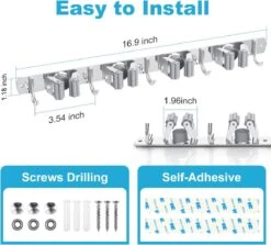 BOTC Bezemhouder - 5 Houders 6 Haken Bezem Ophangsysteem - Zeflklevend - Opbergsysteem - Ophanghaken - Tuingereedschap - Gereedschap Opbergen -Tuingereedschap Winkel 1200x1084