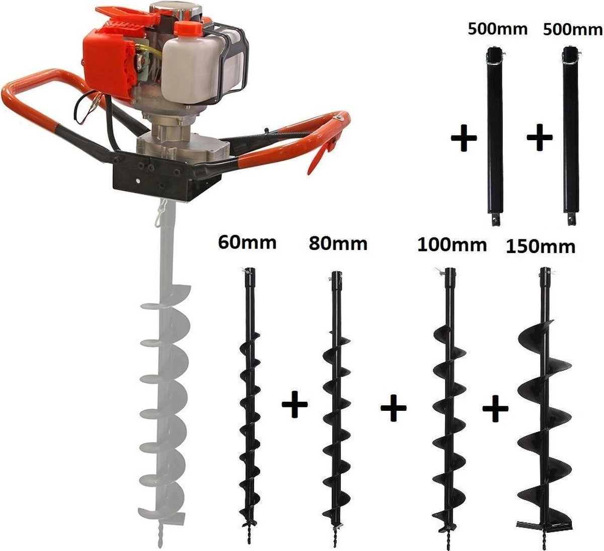 Kibani Grondboor 52cc Benzine + Grondboren Set 60 Mm + 80 Mm + 100 Mm + 150 Mm + 2 Verlengstukken - Palenboor - Grondboor Machine 1 Kibani Grondboor 52cc Benzine + Grondboren Set 60 Mm + 80 Mm + 100 Mm + 150 Mm + 2 Verlengstukken - Palenboor - Grondboor Machine