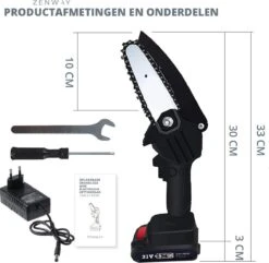 Zenway - Mini Kettingzaag - Snoeizaag - Kettingzaag - Kettingzaag Elektrisch Met 1 Accu- Inclusief Koffer - 1 Extra Accu - Zwart -Tuingereedschap Winkel 1200x1169