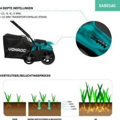 VONROC Elektrische Verticuteermachine - Gazonbeluchter – 1300W – Maaibreedte 320 Mm – 4 Dieptestanden (12/9/6/3 Mm) – Incl. 35L. Opvangbak -Tuingereedschap Winkel 1200x1200 360